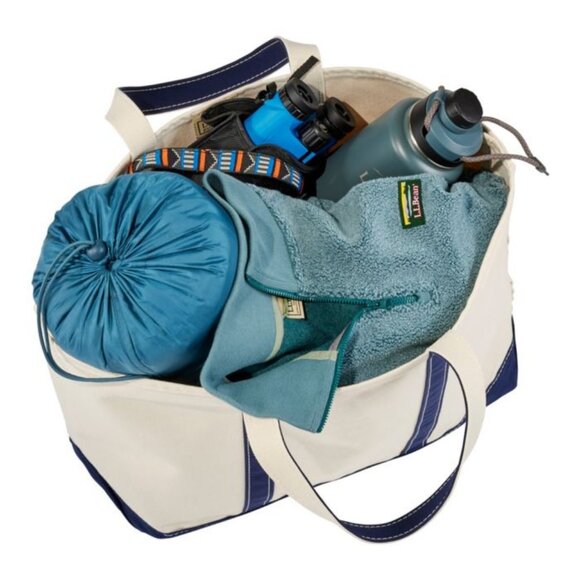 LL Bean Boat BEACH BUM Creme Canvas Tote Slate Blue Monogram Large Custom NWT - Picture 7 of 9